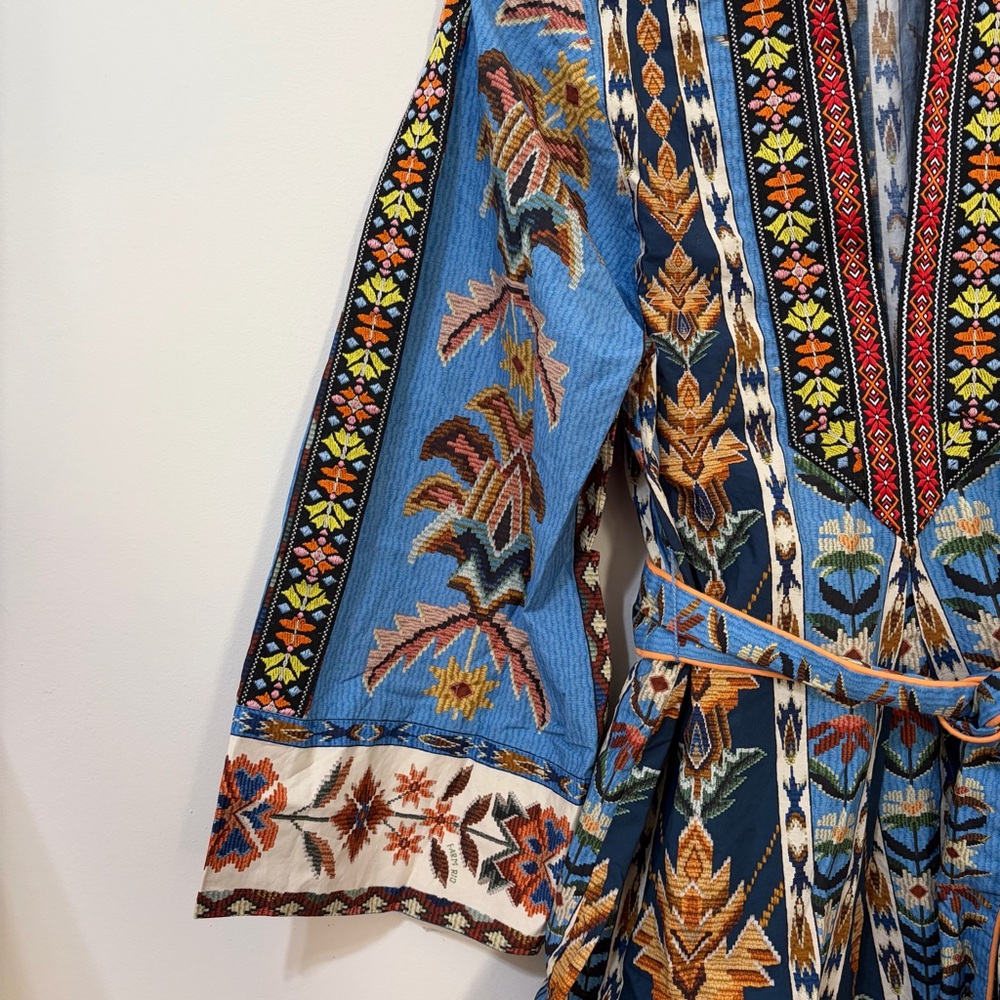 Farm Rio Embroidered Tapestry Organic Cotton Blue Boho Mini Dress with Belt - Picture 7 of 10